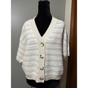 Crochet Knit Short Sleeve Cardigan Sweater Women Size S Beige White